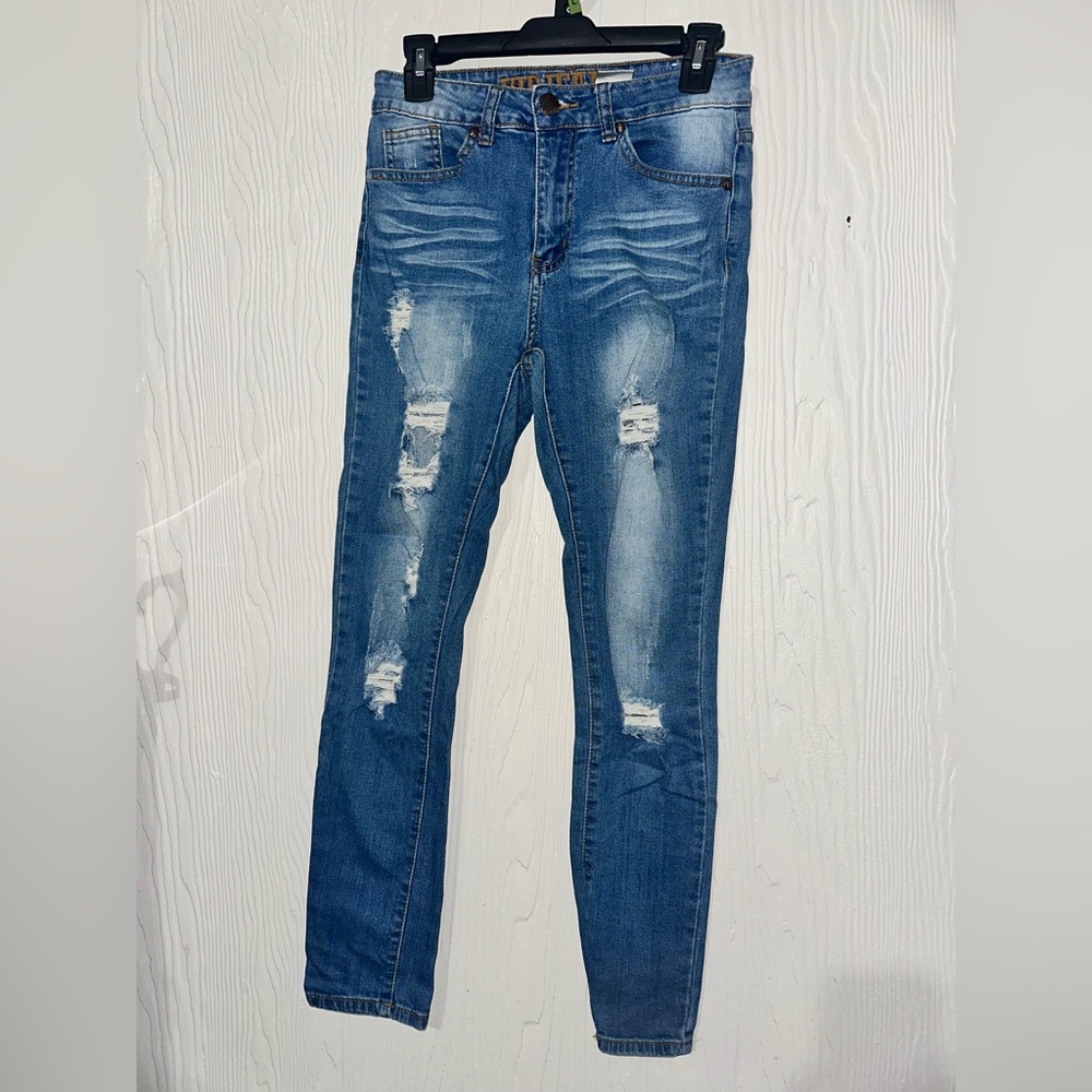 VIP Jeans Womens Jeans Size 1/2 Blue Distressed Skinny Mid-Rise 5 Pockets